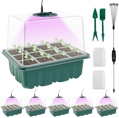 Gatphy Juego de 6 invernaderos para habitación, 18,6 x 14,5 cm, 12 agujeros, con lámparas LED para plantas, temporizador, tipo C, etiquetas para plantas, herramientas de ventilación para hierbas