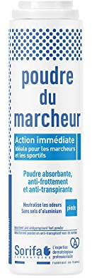 SORIFA - Poudre du Marcheur - Anti-transpirante - Absorbante - Pieds – Réduit la transpiration - Elimine odeurs et mycoses - Sans sels d’aluminium - Fabriqué en France - 100 gr