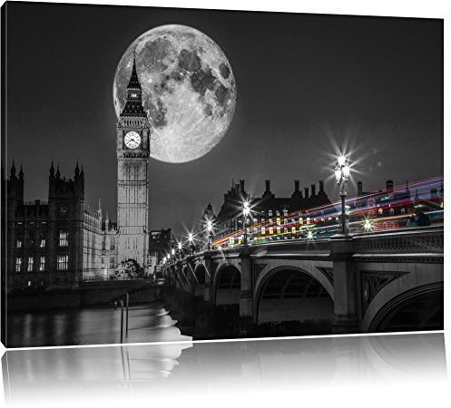 Pixxprint Big Ben vor dem Mond in London B&W, Größe: 80x60cm, Leinwandbild, fertig gespannt, Wandbild, Dekoration, Kunstdruck, kein Poster