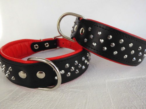 Leder Halsband - Hundehalsband, Nieten, Halsumfang 44-51cm, SCHWARZ -ROT, NEU (17.6.11.62)