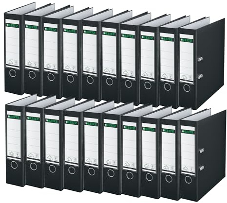Leitz Qualitäts-Ordner 180° Plastik, 20er Pack, das Original, A4 Aktenordner 8 cm breit, 90% Recycling-Karton, 30% Pre-Consumer Recycling-Kunststoff, Mit 180° Mechanik, 600 Blatt, Schwarz, 10105095