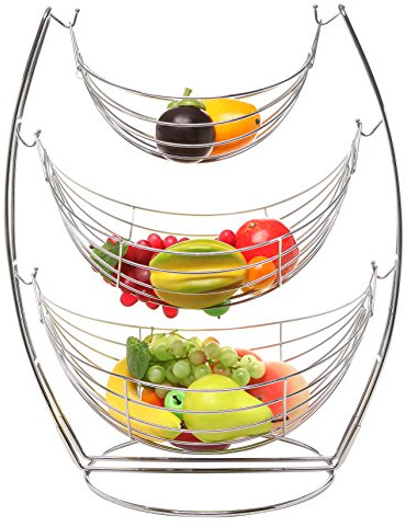 3 Tier Chrome Triple Hammock Fruit / Vegetables / Produce Metal Basket Rack Display Stand - MyGift