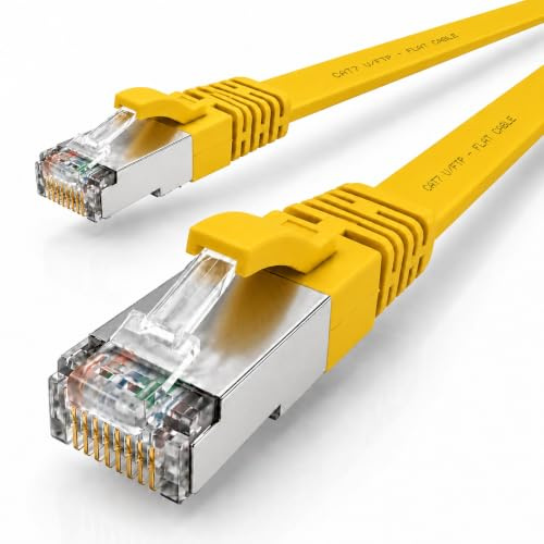 1x Câble Ethernet CAT7 plat 2m U/FTP 10 Gbit/s fiches RJ45 Cat6a jaune | Câble réseau LAN plat, flexible, LSZH pour box Internet, routeur, switch, PC, TV, console, modem, NAS et panneau de brassage.