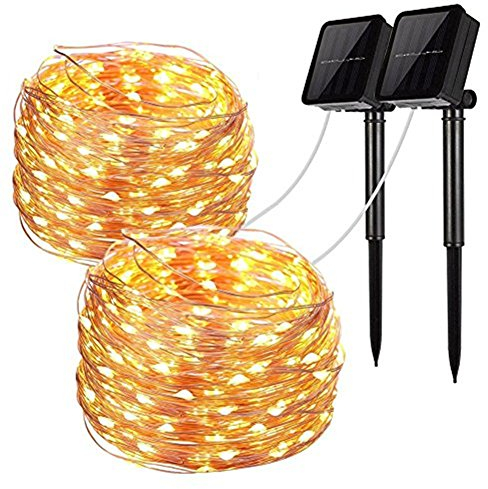 Solar String Lights, 2 Pack 100 LED Solar Fairy Lights 33 ft 8 Modes Copper Wire Lights Waterproof Outdoor String Lights for Garden Patio Gate Yard Party Wedding Indoor Bedroom (Warm White)