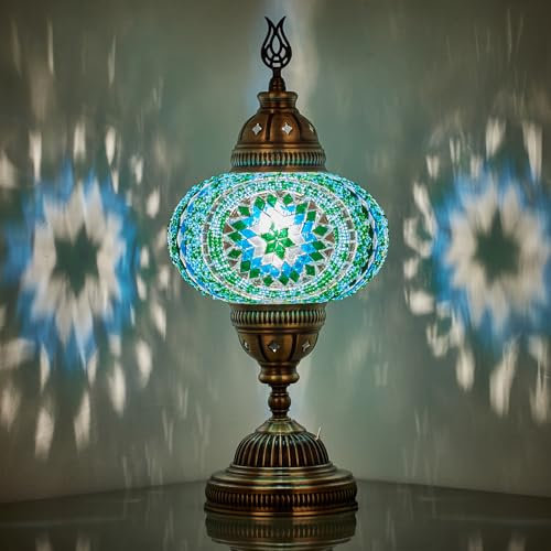 DEMMEX Battery-Operated Turkish Moroccan Mosaic Table Lamp, Portable Stained Glass Lamp for Indoor & Outdoor Use, Cordless Handmade Decorative Light for Balcony, Patio & Camping – 30 cm H (Turquoise)