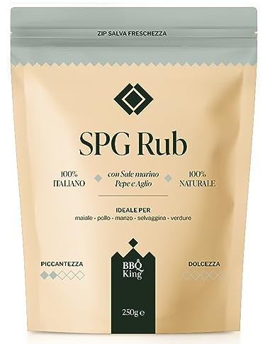 BBQ KING - S.P.G. Rub Confezione da 250 Gr, Salt Pepper Garlic Dry Rub Bbq Ideale per Barbecue e Grill, Set Spezie Cucina 100% Made in Italy, Miscela di Spezie a Base di Sale, Pepe ed Aglio