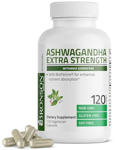 Bronson Ashwagandha Extra Strength Stress & Mood Support with BioPerine - Non GMO Formula, 120 Vegetarian Capsules
