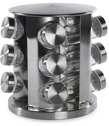 Revolving Spice Rack with 12 Glass Shaker Jars | 360° Rotating Stainless Steel Spice Organizer | Herb & Seasoning Storage Tower for Kitchen Countertop | M&W