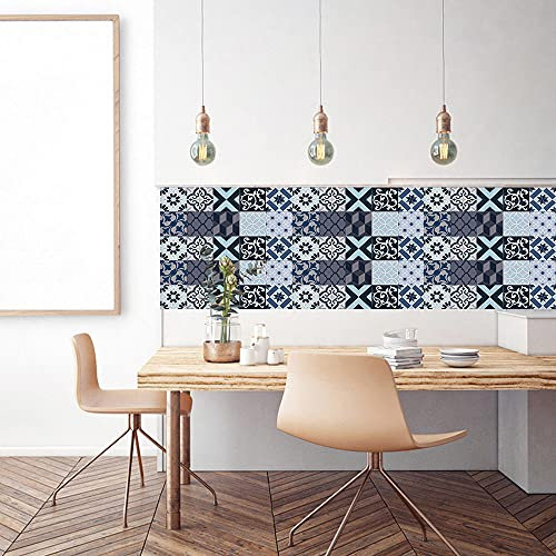 Stick on Tiles Blue Black Pattern Tile Stickers PVC Self Adhesive Wall Tiles Heat Resistant Tile Stickers for Kitchen Bathroom Waterproof Peel and Stick Floor Tiles Tile Paint 20x20cm