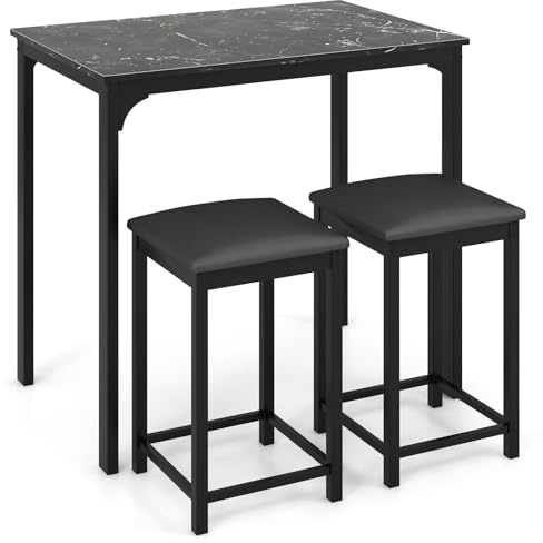 COSTWAY 3 Pieces Bar Table Set, Kitchen Counter Table and 2 Bar Stools with PU Leather Pad, Metal Frame Breakfast Dining Table Sets for Home, Pub, Living Room (Black)