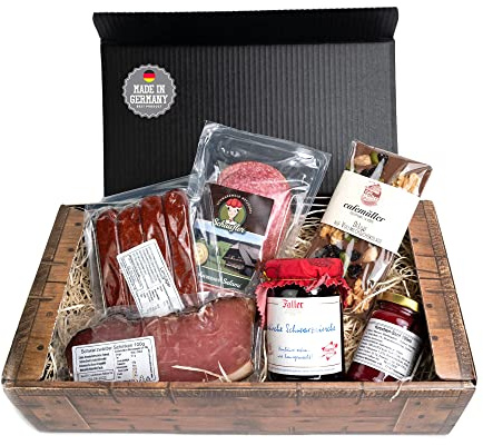 Kirschkiste - 6-teilig - Schlemmergeschenk mit Kirschmarmelade, Kirschsenf, Kirschwassersalami, Landjäger, Schokolade und Schinken - eine süße Überraschung aus dem Schwarzwald