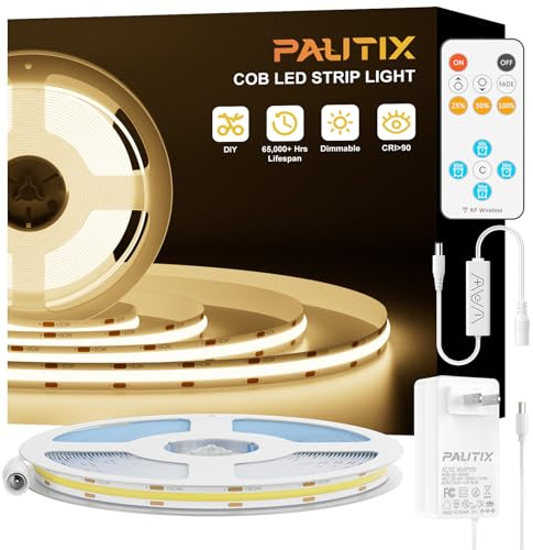 PAUTIX COB LED Strip Lights with RF Remote,UL Listed Dotless LED Lights Dimmable 3000K Warm White,Super Bright 16.4ft Flexible 24V LED Tape Light,for Kitchen Cabinets,Bed,Office,Stairs Indoor Lighting