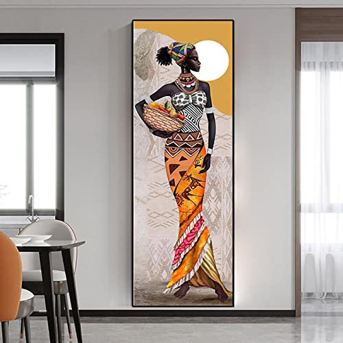 Afrikanische Frauen Porträt Leinwand Gemälde Vintage Übergroße Schwarze Mädchen Wandkunst Bilder für Wohnzimmer Dekoration 60x183cm/24x72in Mit Rahmen