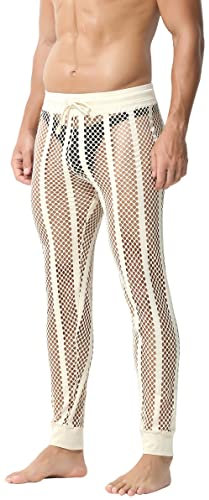 FEOYA Herren Männer Leggings Sexy Transparent Mesh Hose Männer Fischnetzhose Mesh durchsichtige Muskelleggings Strumpfhose Pantyhose Sport Unterwäsche Aprikose M