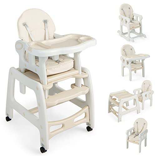 DREAMADE 3 en 1 Chaise Haute Convertible Bébé 0-3 Ans avec Siège Réglable&Plateau Amovible Chaise Haute Evolutive Enfant avec Fonctions à Bascule,4 Roues Universelles,Charge 20 KG (Beige)