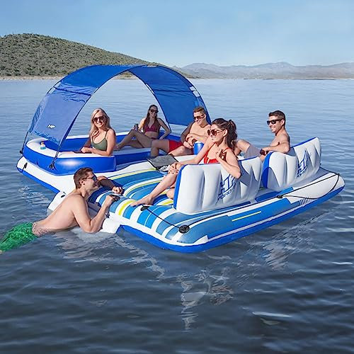 BOBVB Grande île Flottante Gonflable, flotteurs de Plage Waterplay Party, Chaise Longue Gonflable avec île Flottante de Brise Tropicale, Tapis Flottant Gonflable de Piscine pour Les fêtes d'été