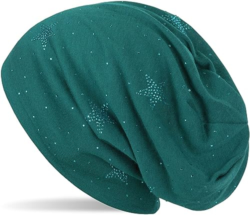 styleBREAKER Beanie Mütze mit Strass Sterne und All Over Strasssteine, Slouch Longbeanie, Damen 04024116, Farbe:Petrol