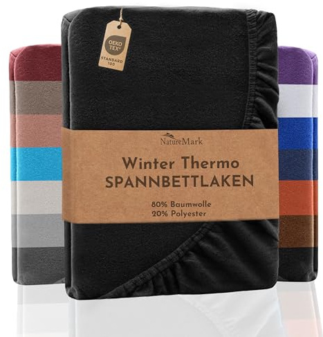 NatureMark Winter Thermo Fleece Spannbettlaken, Spannbetttuch in vielen Farben und Größen Winter Bettlaken, Spannbettlaken 200 x 220 cm - schwarz