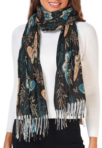 Fustylead Space Elements Winter-Schal mit Sternen und Schmetterlingen, weiches Kaschmir-Gefühl, Unisex, für Damen und Herren, Schwarz , One size