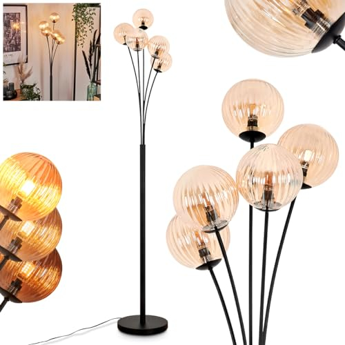 Stehleuchte Bernado, Stehlampe aus Metall/Riffelglas in Schwarz/Bernstein, Leuchte im modernen Retro/Vintage-Design mit Schirmen aus Glas (Ø 12 cm), dimmbar über Fußschalter, 5 x G9, ohne Leuchtmittel