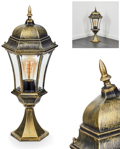 HOFSTEIN Sockelleuchte Etoo, Außenwegeleuchte aus Metall/Glas in Schwarz/Goldfarben/Klar, Wegelampe im Antik/Landhaus/Vintage/Retro-Design für Garten, Außenbereich, Hof, Höhe 58 cm, E27, IP44