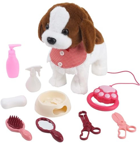 Ark miido Walking Dog Toy Interactive Dog Toy Leash Plush Pets Puppy with Walking Barking Singing Licking Shaking Tail Pretend Dress Up Stuffed Animal Toy for 1 2 3 4 5 Year Old (Brown)