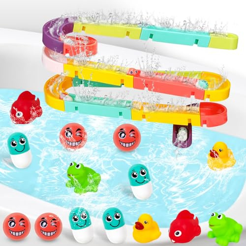 Bath Toys for 1 2 3 4 Year Old, DIY Water Slides Track Game Shower Bath Balls Bathtub Toy with Powerful Suction Cups, Fun Toddler Bath Tub Bathtime Educational Gifts for Boys Girls