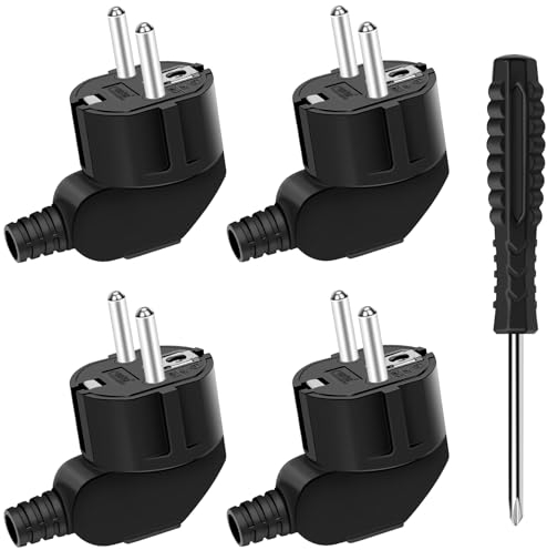 4PCS 250V 16A Prise Electrique Male et 1 Tournevis,Fiches Schuko,Prise Male Etanche Exterieur,Fiche Coudée Fiches Electrique de Mise à la Terre,Appareils Electroménagers aux Luminaires Prises (Nero)