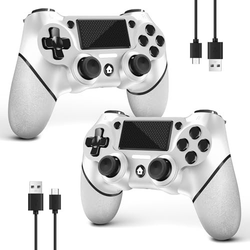 AceGamer 2 pieces for PS4 controller, wireless controller for PS4/Pro/Slim/PC, with non-slip grip on both sides and 2 USB-C cables, white x 2