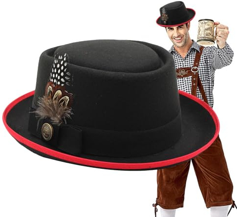 gifyym Cappello da costume bavarese per Oktoberfest, melone nero, cappello tedesco, Oktoberfest, da donna, accessorio per costume da Oktoberfest, con piume, emblemi, per l'Oktoberfest, feste popolari