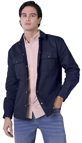 Enorsia Mens Premium Twill Shacket with Classic Collar, Long Buttoned Sleeves, Button-Through Front Fastening (Navy, XXL)