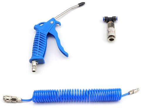 TIANLIN Soufflette Compresseur, avec Tuyau Flexible Spiralé de 5 Mètres, Soufflette, Souflette avec Raccord Rapide en T, Adapté Aux Camions, Voitures, Véhicules Particuliers et Bateaux (Bleu)