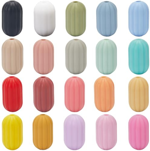 SUNNYCLUE 1 Box 40 Stück 20 Farben Silikon Brennperlen Weiche Gummiperlen Großpackung 17x10mm Bunte Ovale Säulenförmige Gestreifte Abstandsperlen Für Halsketten Armbänder Schlüsselbänder Schlüsselanh