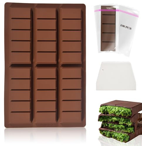 XIKAYA Moule Tablette Chocolat, Moule chocolat profond, Moule silicone Tablette de Chocolat, Avec grattoir et sac, Pour 6 chocolat, praline, bonbons (carré, sans BPA)