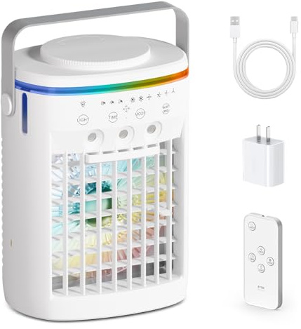 Portable Air Conditioner,Cooling Fan with 3 Speeds &3 Modes,2-8H Timer,1000ml Water Tank, Remote Control,4 in 1 Humidifier, Air Conditioner,Fan,Night Light,Evaporative Air Cooler for Home,Office