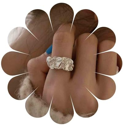 Aneneiceera Vintage Martillado Anillo De Plata Chunky Arrugada Abstracto Ajustable Joyería De Declaración Para Las Mujeres