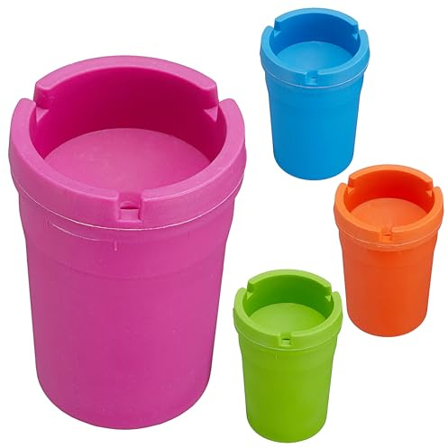 Reiseaschenbecher 4er Set │ 8x11x8cm Kunststoff grün pink blau orange │Aschenbecher mit Deckel abnehmbar (4)