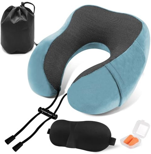 ARTREE Nackenkissen Flugzeug Reisekissen Memory Foam Nackenhörnchen Erwachsene mit Ohrstöpseln Augenmaske und Tragetasche, Weich Atmungsaktiv Nackenkissen Auto Ideal für Reisen Camping Büro