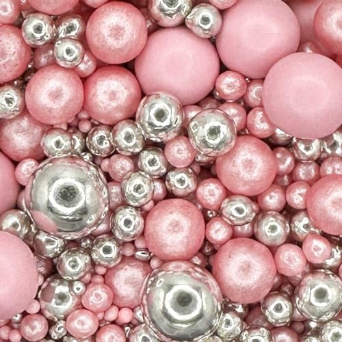 Scrumptious - Pearls Mix - Twinkle Pink Cake Topper Sprinkles - 30g Edible Shimmer Ball Cupcake Decorations - Perfect for Weddings, Christenings & Valentines