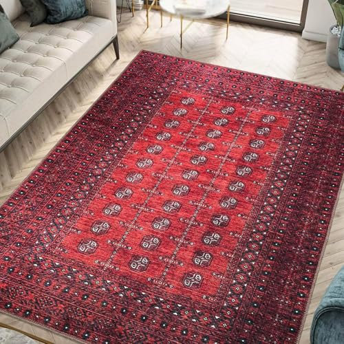 Taidianolp Teppich Wohnzimmer Deko,Vintage Schwarz Rot Geometrisches Orientalisches Muster,Rot, 90 x 140 cm,Waschbar Kurzflor Teppiche Bodenschutzmatte für Hartböden
