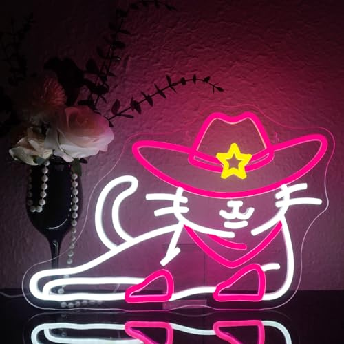 Looklight Cowgirl Cat Neon Light Sign, Led Signs for Wall Decoration, Dimmable Led Neon Pink with USB, Cowboy Cat Sign for Bedroom Children's Room Beer Bar Game Zone Party Store Gifts