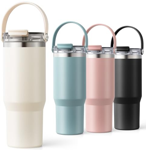 Homealexa Isolerat glas 900 ml/304 rostfritt stål, dubbelväggs vakuumdesign med läckagesäkert lock och sugrör, perfekt för kalla och isdrycker vit