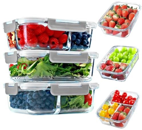 MINIMARG 3-Packs 35OZ Glass Food Storage Containers with Lids Airtight, Leak Proof, Glass Meal Prep Container for Lunch, and Storage, Lunch Boxes for Freezer to Oven Safe, 1, 2, 3 Compartment (Grey)