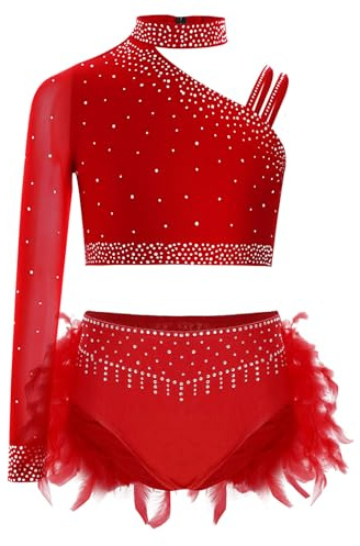 JEATHA 2Pcs Vestido De Ballet Niñas Crop Top De Baile Lentejuelas Y Falda De Plumas Maillot De Gimnasia Rítmica Patinaje Rojo 7-8 años