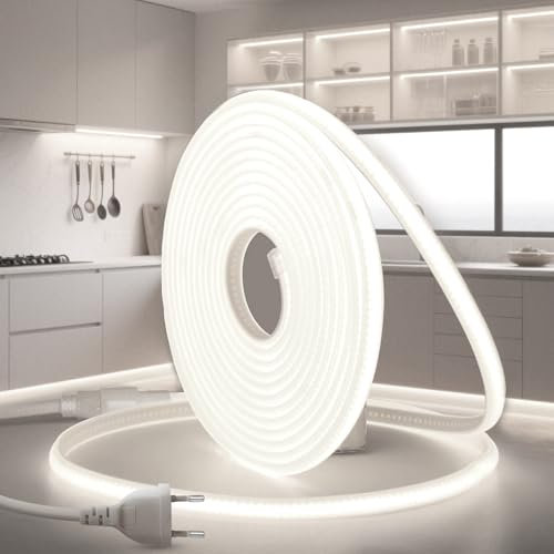 BRIMETI Tira LED Neon COB 2M 220V Blanco Fria 6000K 320LED/m Impermeable IP65 Luces Flexible Cortable LED Luces con Cable de Alimentación para Interior Exterior Casa Cocina Jardín Decoración