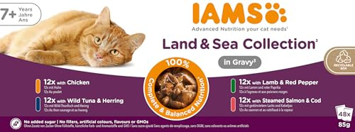 IAMS Advanced Nutrition - Nourriture Humide pour Chat à partir de 7 Ans – Lot de 48 sachets fraicheurs - Recette Terre/Mer en Sauce - sans OGM, sans colorants ni arômes artificiels - 48 x 85g
