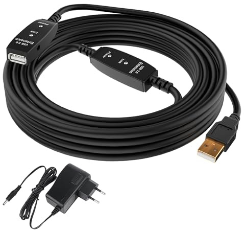 Mygatti USB 2.0 Aktiv Verlängerungskabel 15m,Typ A Stecker auf Buchse,mit 2 Signalverstärker und doppelter LED-Arbeitsanzeige,ABS-Gehäuse,DC Schnittstelle(DC Netzteil im Lieferumfang enthalten)