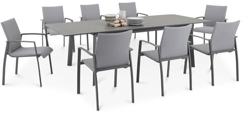 Gartenmöbel Set VERANO, anthrazit/hellgrau - mit 8 Stühlen und ausziehbarem Gartentisch, Aluminium und wetterfeste Textilene, stapelbar, strapazierfähig, Outdoor-Möbel, Balkonmöbel, Terrassenmöbel