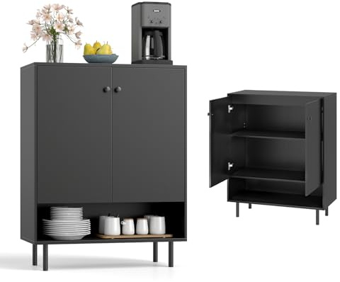 KOMFOTTEU Küchenschrank mit 2 Türen & 1 offenem Reagl, Sideboard mit verstellbaren Ablagen, Anrichteschrank Buffetschrank 75 x 35 x 95 cm, Aufbewahrungsschrank für Wohnzimmer, Esszimmer (Schwarz)