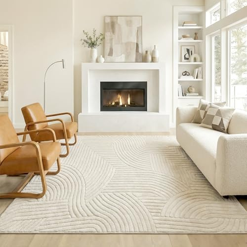 HOMCOM Tapis Salon 200 x 140 cm, Tapis à Poils épais géométrique, Moelleux et antidérapant, Style Moderne, pour Salon, Chambre à Coucher, Bureau, crème